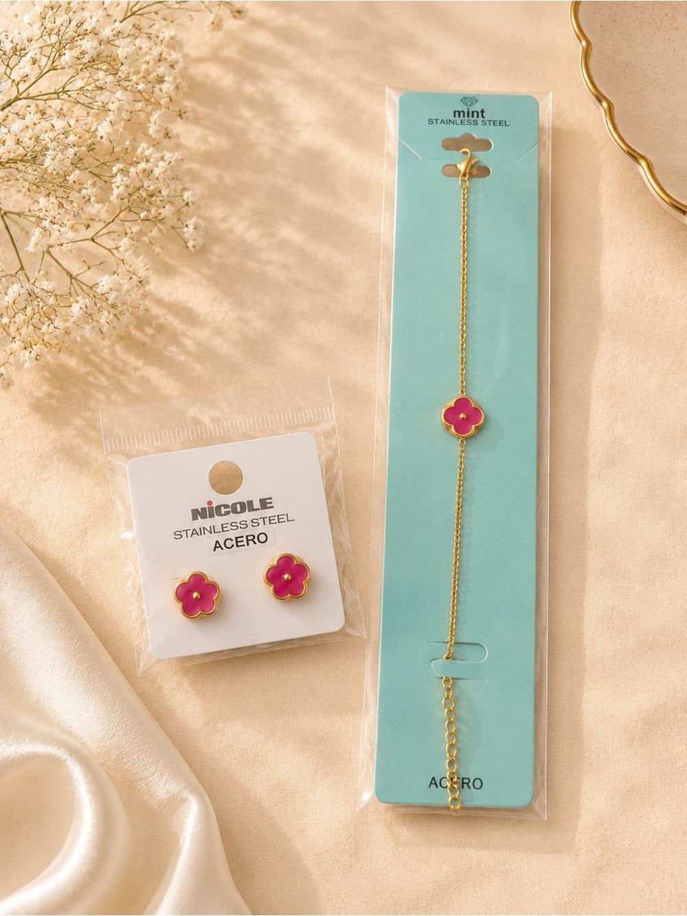 Pink & gold  bracelet with earrings  stainless steel